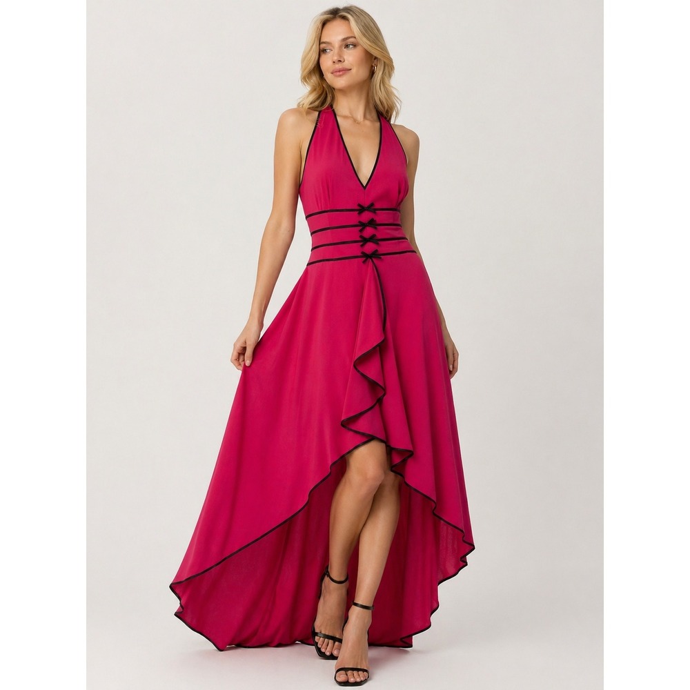 Dusk 11/12 Y2K Hot Pink Halter High Low Gown Bow Detail Ruffle Dress  Elle Woods